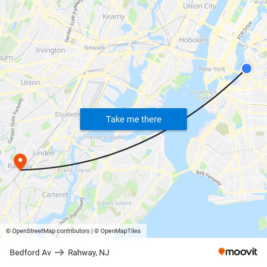 Bedford Av to Rahway, NJ map