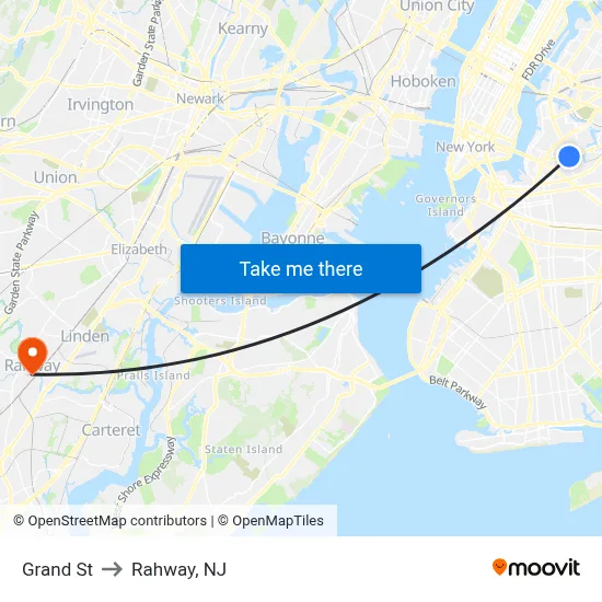 Grand St to Rahway, NJ map