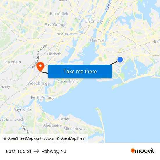 East 105 St to Rahway, NJ map