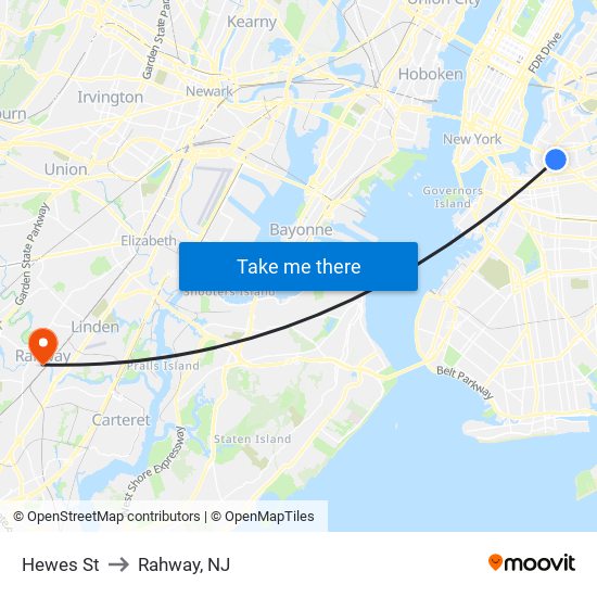 Hewes St to Rahway, NJ map