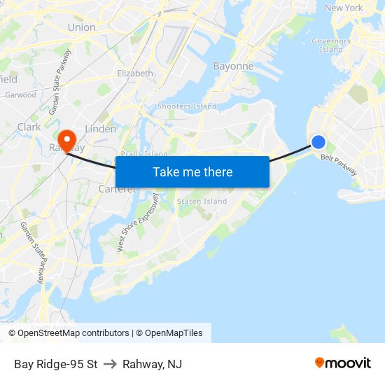 Bay Ridge-95 St to Rahway, NJ map