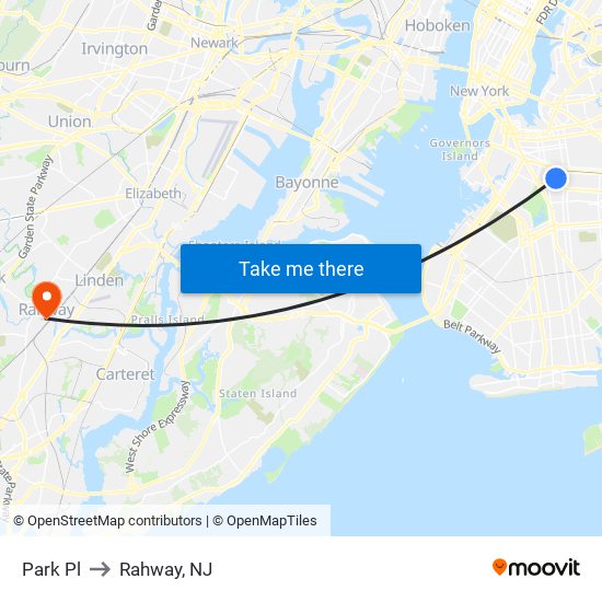 Park Pl to Rahway, NJ map