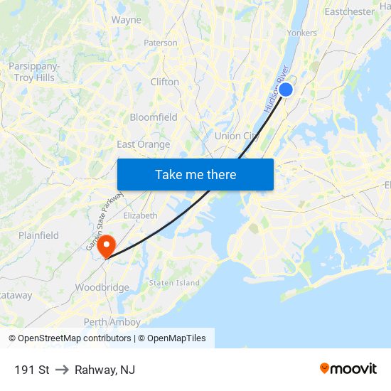 191 St to Rahway, NJ map