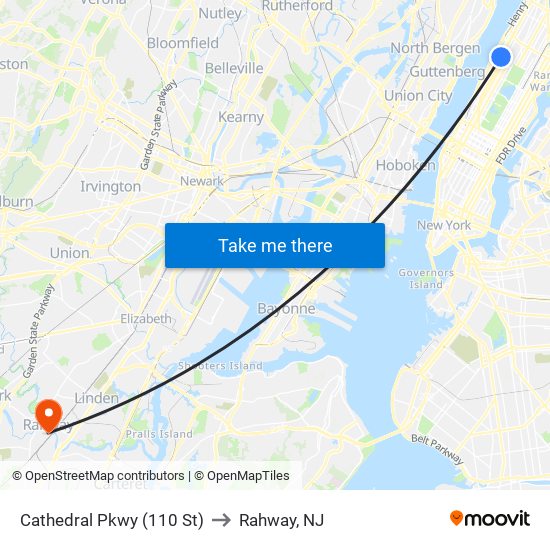 Cathedral Pkwy (110 St) to Rahway, NJ map