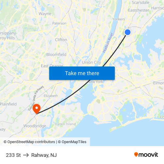 233 St to Rahway, NJ map