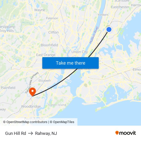 Gun Hill Rd to Rahway, NJ map