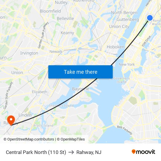 Central Park North (110 St) to Rahway, NJ map