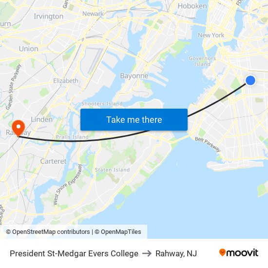 President St-Medgar Evers College to Rahway, NJ map