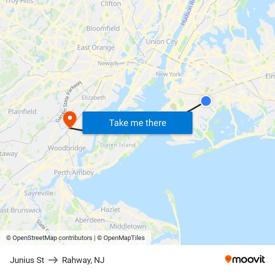 Junius St to Rahway, NJ map