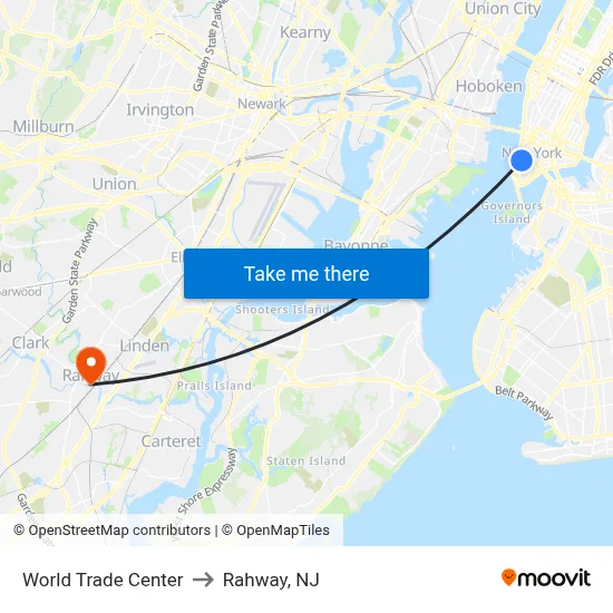 World Trade Center to Rahway, NJ map