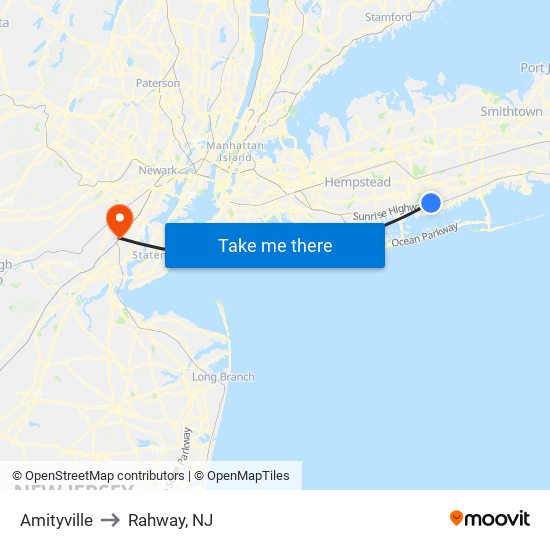 Amityville to Rahway, NJ map