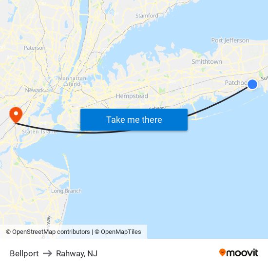 Bellport to Rahway, NJ map