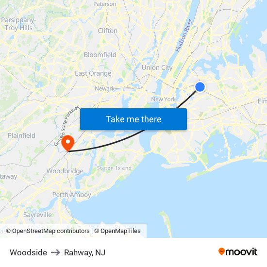 Woodside to Rahway, NJ map