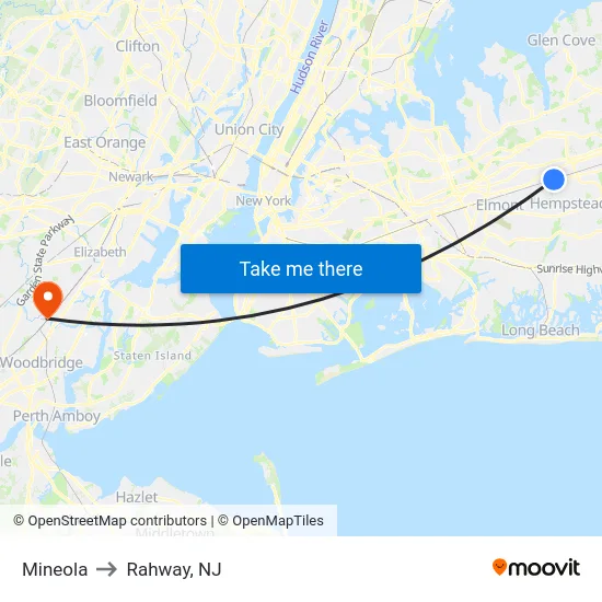 Mineola to Rahway, NJ map