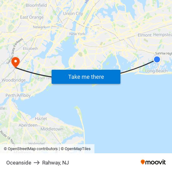 Oceanside to Rahway, NJ map