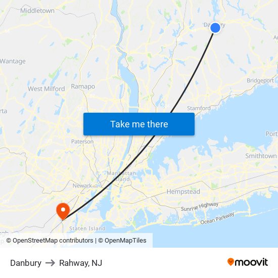 Danbury to Rahway, NJ map