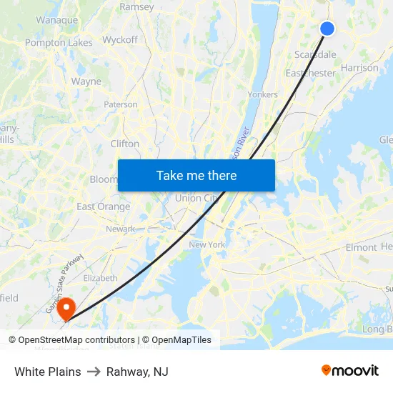 White Plains to Rahway, NJ map