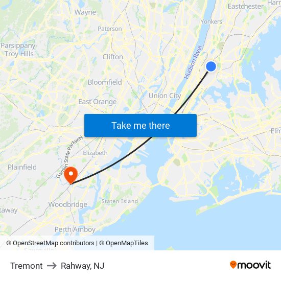 Tremont to Rahway, NJ map