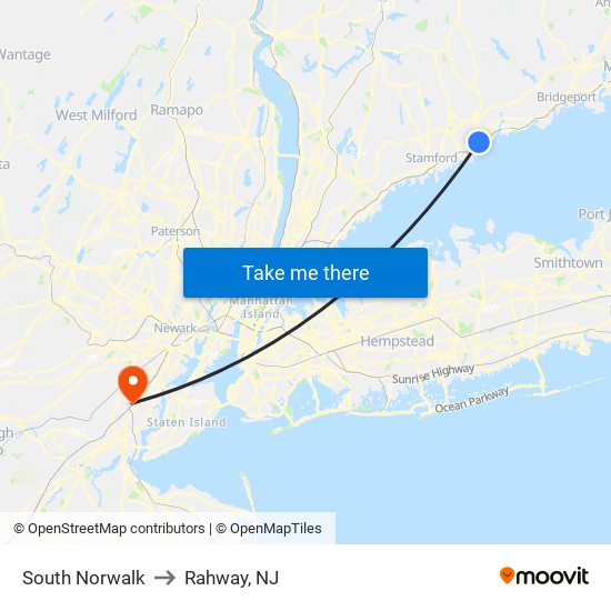 South Norwalk to Rahway, NJ map