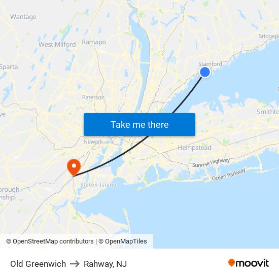 Old Greenwich to Rahway, NJ map