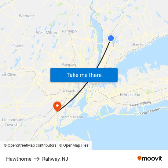 Hawthorne to Rahway, NJ map