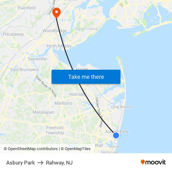 Asbury Park to Rahway, NJ map