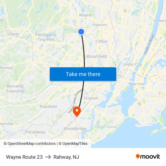 Wayne Route 23 to Rahway, NJ map