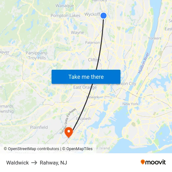 Waldwick to Rahway, NJ map