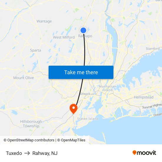 Tuxedo to Rahway, NJ map