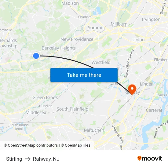 Stirling to Rahway, NJ map