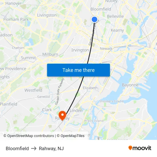 Bloomfield to Rahway, NJ map