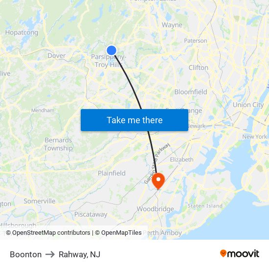 Boonton to Rahway, NJ map