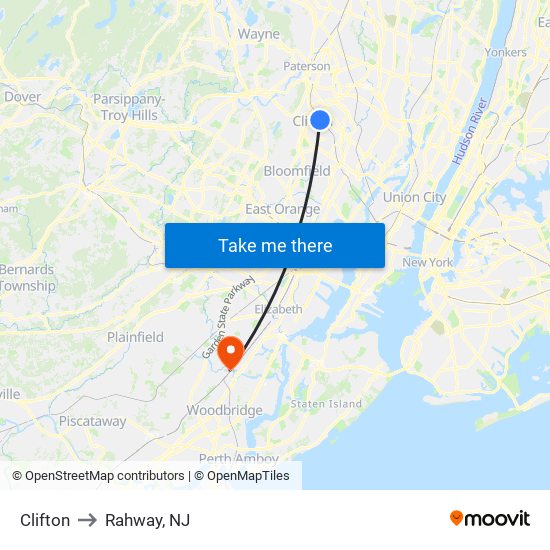 Clifton to Rahway, NJ map