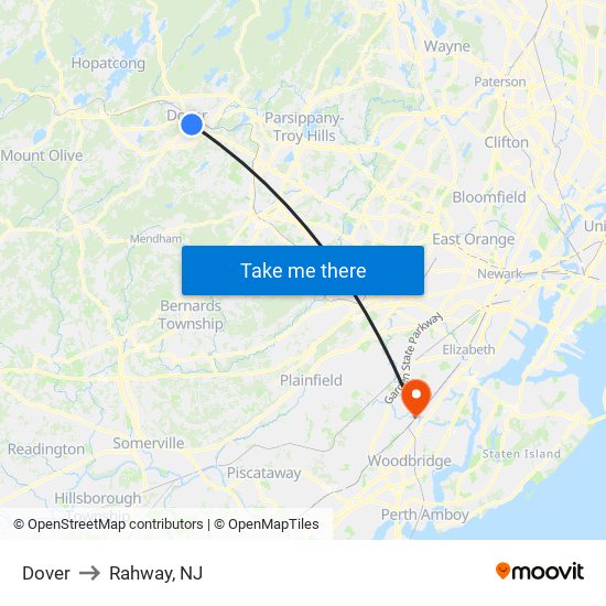 Dover to Rahway, NJ map