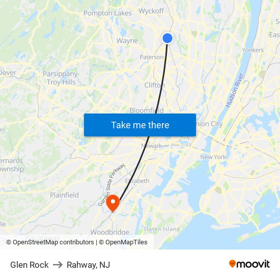 Glen Rock to Rahway, NJ map