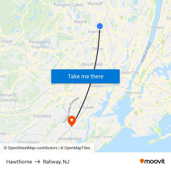 Hawthorne to Rahway, NJ map