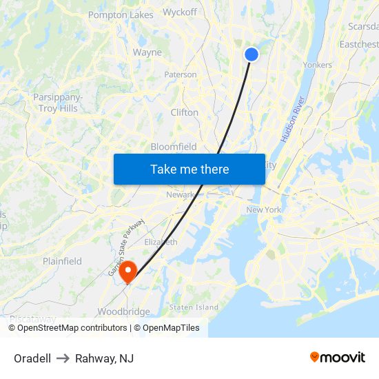 Oradell to Rahway, NJ map