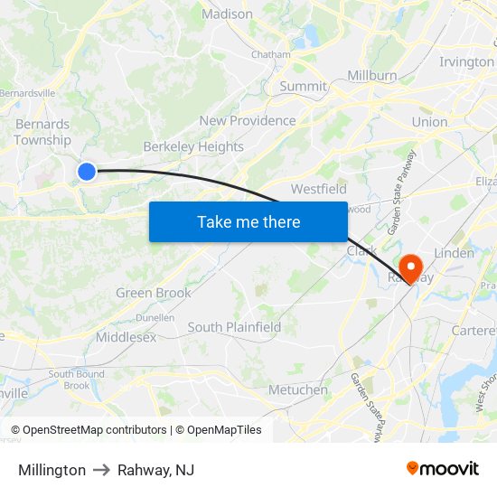 Millington to Rahway, NJ map