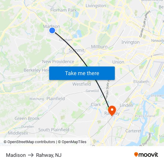 Madison to Rahway, NJ map