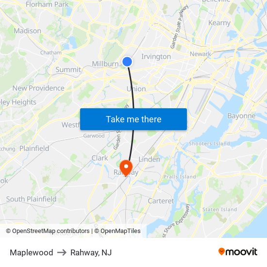 Maplewood to Rahway, NJ map