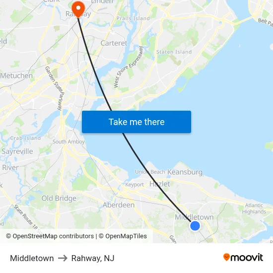 Middletown to Rahway, NJ map