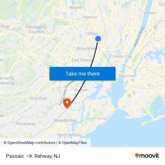 Passaic to Rahway, NJ map