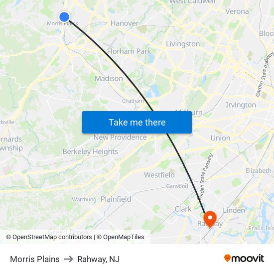 Morris Plains to Rahway, NJ map