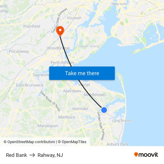 Red Bank to Rahway, NJ map