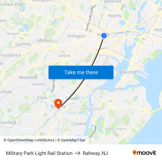 Military Park Light Rail Station to Rahway, NJ map