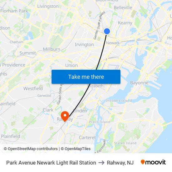 Park Avenue Newark Light Rail Station to Rahway, NJ map