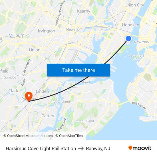 Harsimus Cove Light Rail Station to Rahway, NJ map