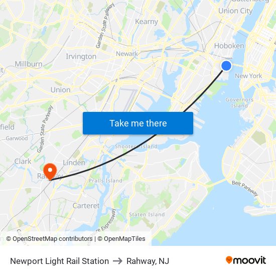 Newport Light Rail Station to Rahway, NJ map