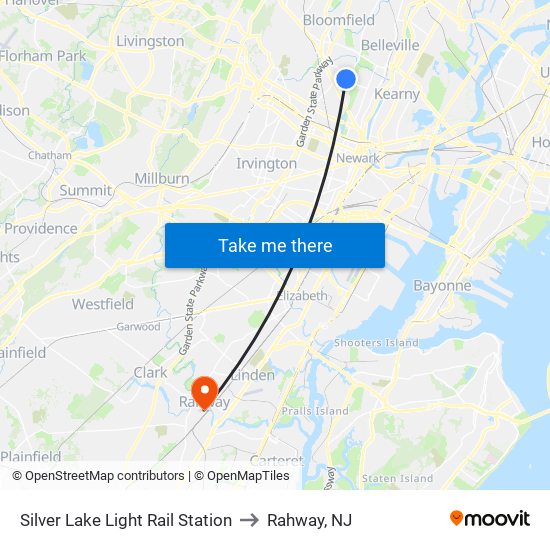 Silver Lake Light Rail Station to Rahway, NJ map