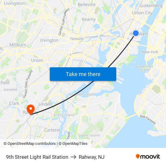 9th Street Light Rail Station to Rahway, NJ map